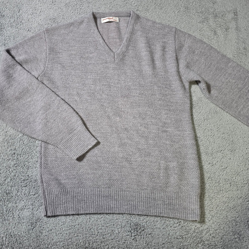 Puritan Mens L V-Neck Sweater Grey CashMist Textured Knit Made In USA Vintage